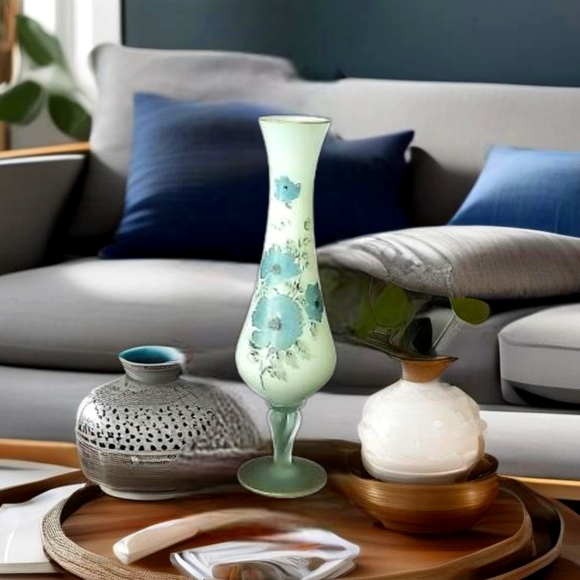 Elegant Vintage Art Glass Bud Vase with Hand-Painted Satin Frosted Blue Floral - Picture 1 of 8